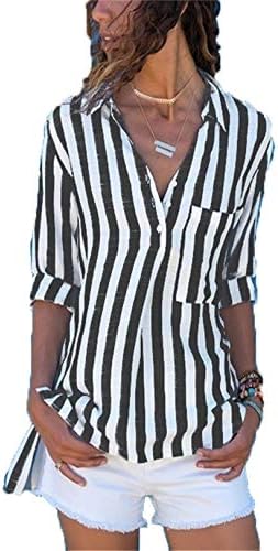Andongnywell Çizgili Baskılı Casual Yaka Uzun Kollu Cep Gömlek kadın Yaz Çizgili Üstleri