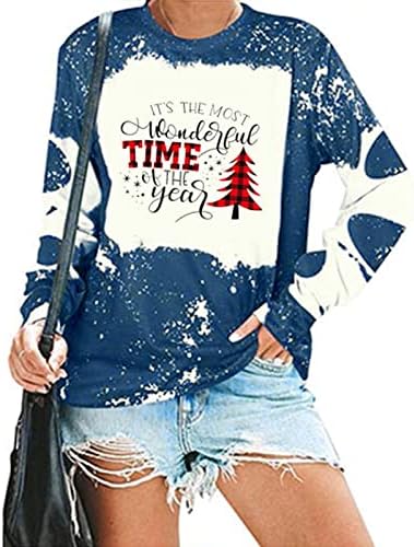 Noel Tişörtü Bayan Uzun Kollu Ekip Boyun Mektup Baskılı Kaputsuz Batik Tişörtü Bayanlar T Shirt Kadınlar için