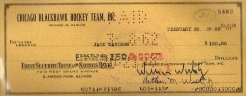 Beckett-bas Bill-william Wirtz ve Jack Davison 1962 Blackhawks Çekini İmzaladı 5482 - NHL İmzaları Kesti
