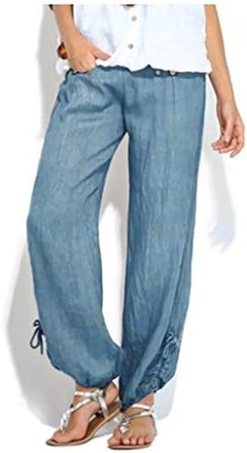 Kırpma Geniş Bacak Çekme kapri pantolonlar Kadınlar için Düz Renk Gevşek Uydurma Keten Katı Düğme Aşağı Rahat Gevşek Fit