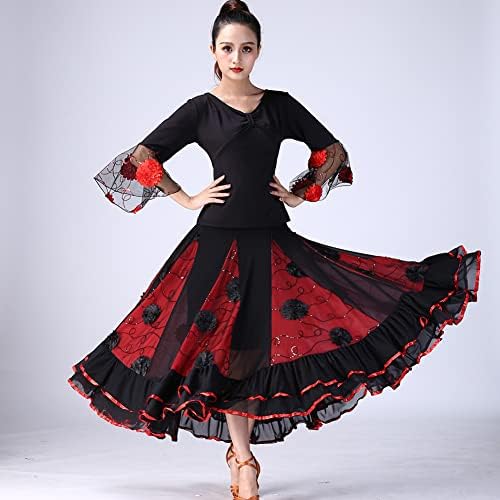 Balo salonu dans elbiseleri Kadınlar için Pullu Çiçek Flamenko Elbise Uzun Salıncak Folklorico Etek En İyi Performans Kostüm