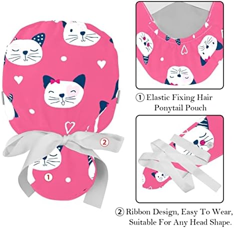 Düğme ile 2 Paket Çalışma Kapaklar, pembe Sevimli Kediler Desen Kabarık Fırçalama Şapkalar Kadınlar Uzun Saç