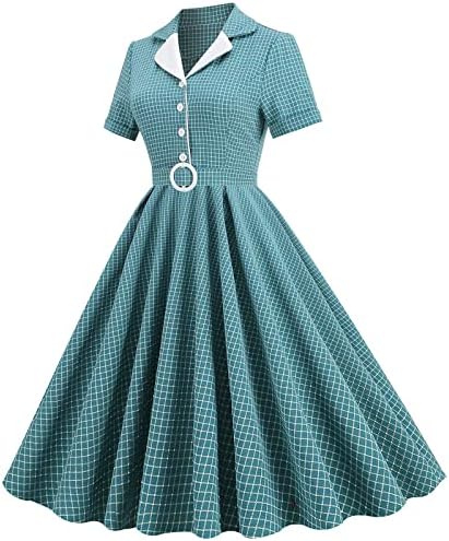Bayanlar Yaka V Boyun Salıncak Elbiseler Blazer Yaka 1950s Vintage Rockabilly Elbise Kısa Kollu Düğme Aşağı Ekose Elbise