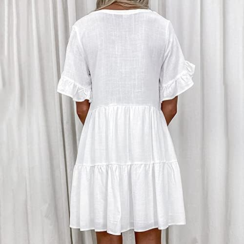 Önlüklü pamuklu elbiseler Kadınlar için 2023 Yaz V Boyun bir çizgi elbise Kısa Puf Kollu Grafik Elbiseler Katmanlı Pilili