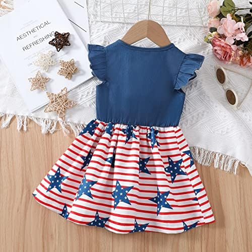 Noubeau Toddler Kız 4th Temmuz Elbise Küçük Kızlar Kolsuz ABD Bayrağı Denim Elbiseler İlmek Tek Parça Tutu Sundress Etek