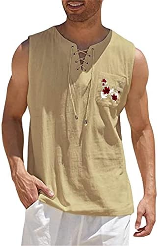ZDDO Erkek Pamuk Keten Tankı Üstleri Kolsuz Gömlek İpli V Boyun Kelebek Baskı Rahat Rahat Fit Plaj Hippi Yelek