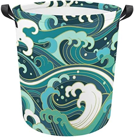 Japon Karikatür Deniz Dalgaları Yuvarlak Çamaşır sepeti Katlanabilir Su Geçirmez Kirli Giysiler Sepetleri Kolları ile Çamaşır