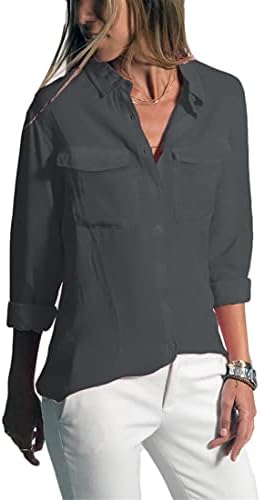 Andongnywell kadın Casual Yaka Gömlek V Boyun Uzun Kollu Gevşek Rahat Cepler ile Ön Düğme Bluz