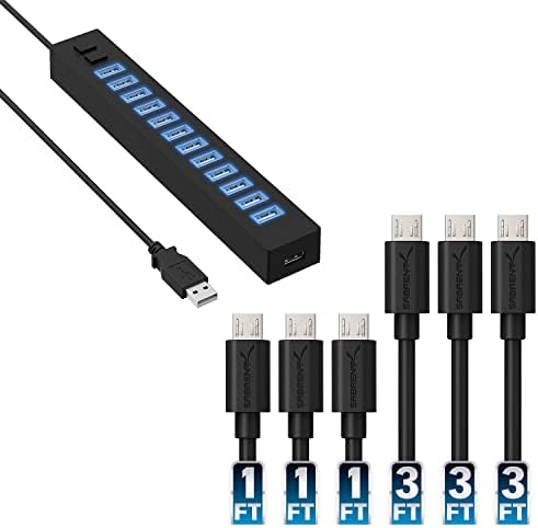 Mikro USB'li Güç Adaptörlü 13 Bağlantı Noktalı Yüksek Hızlı USB 2.0 Hub [6'lı Paket ,X3-3ft + X3-1ft]