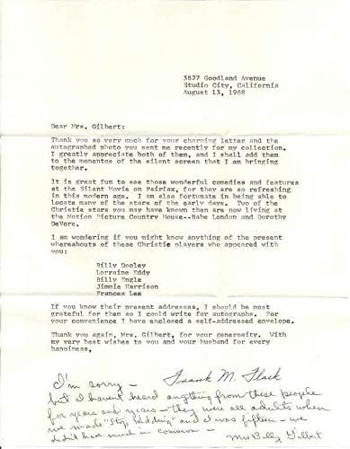 Ella McKenzie D. 1987 Aktris Bayan Billy Gilbert'i İmzaladı Yazılan Mektup Üzerine Not-MLB İmzaları Kesti