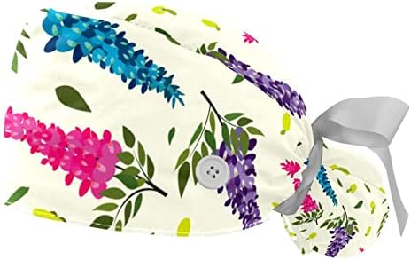 Çalışma Kapağı Düğmeleri ile Hemşire Kabarık Şapka Renkli Suluboya Wisteria Çiçekler Fırçalama Kap Kadınlar için Uzun Saç