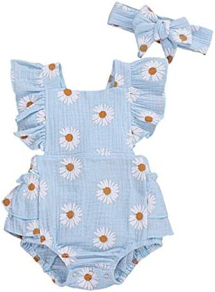 Bebek Kız Papatya Playsuits Ruffled Bodysuit + Kafa Bandı Baskı Sinek Kollu Romper çiçekli tulum Bebek yaz giysileri