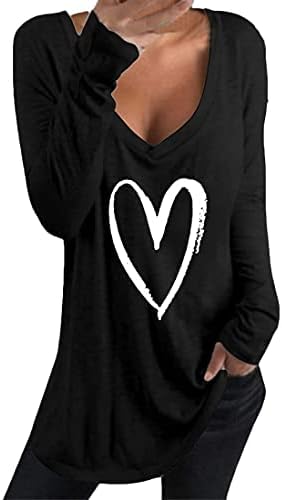 Andongnywell Rahat Baskı Gömlek Kadınlar için Kalp Baskı T-Shirt Uzun Kollu Üstleri Tee Bluz Tunikler