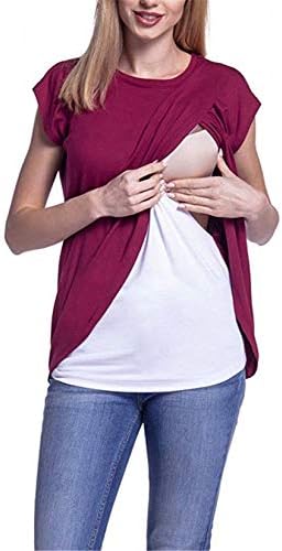 Andongnywell Bayan Kısa kollu Annelik Hemşirelik Üstleri Emzirme Gömlek Yumuşak Çift Katmanlı kısa kollu tişört