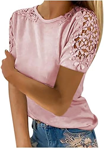 Kadınlar için kısa Kollu Bluzlar Şık Casual Tops O Boyun Yaz Dantel Tee Üst Sevimli Moda Renk Bloğu Gevşek Fit T Shirt