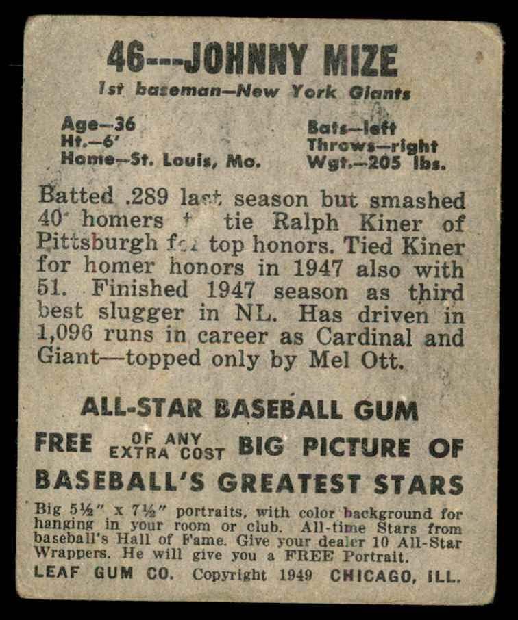 1948 Yaprak 46 Johnny Mize New York Giants (Beyzbol Kartı) İYİ Devler
