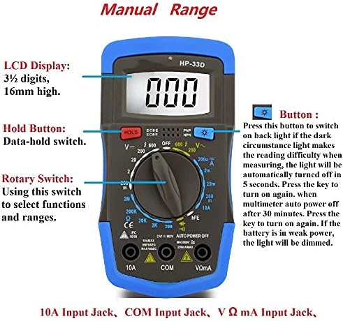 QUUL Manuel Multimetre DC / AC Gerilim Akım Direnç Diyot HFE Pil Testi Veri Tutma Test Cihazı