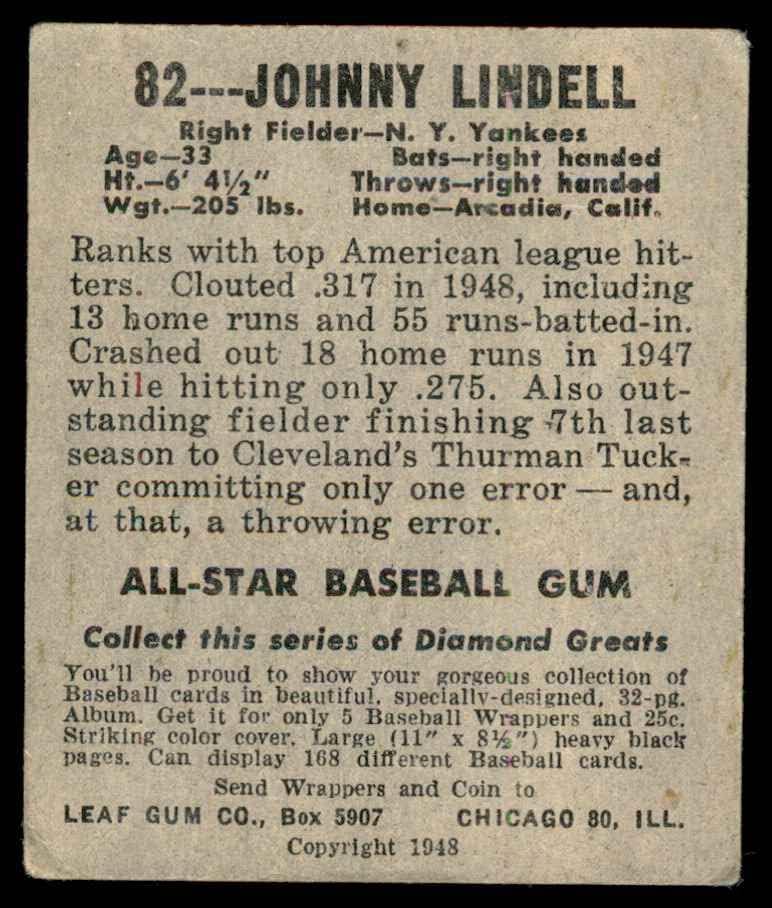 1948 Yaprak 82 Johnny Lindell New York Yankees (Beyzbol Kartı) VG Yankees