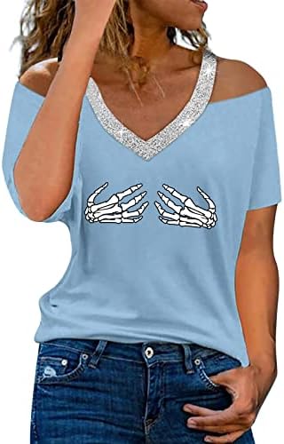 Bayan Üstleri kadın Yaz V Boyun Kapalı Omuz Baskı kısa kollu tişört üst Bluz