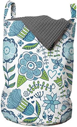 Ambesonne Mavi ve Yeşil Çamaşır Torbası, Doğa Çiçeği Kelebekleri ve Yusufçukların Doodle Çizimi, Çamaşırhaneler için İpli