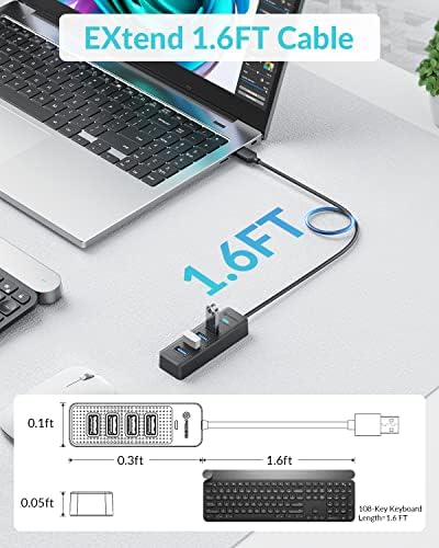 USB Hub, PHIXERO 4-Port USB 3.0 Hub Çoklu USB Bağlantı Noktası Genişletici ile 1.6 ft Kablo, hızlı Veri Transferi USB Splitter
