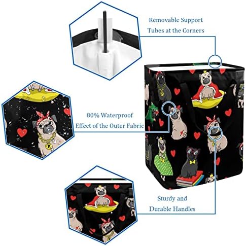 Komik Kral Pug Yavru Köpek Taç Kalp Baskı Katlanabilir çamaşır Sepeti, 60L Su Geçirmez çamaşır sepetleri Çamaşır Kutusu Giysi