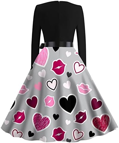 NDVYXX Elbiseler Kadınlar için 2022 Sevimli Kalp Baskı Uzun Kollu V Boyun bir çizgi elbise Rahat Taraklı Yüksek Bel Kokteyl