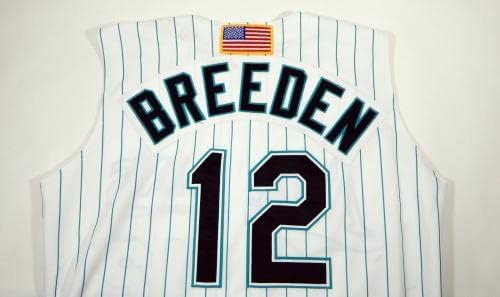 2001 Florida Marlins Joe Breeden 12 Oyun Kullanılmış Beyaz Forma ABD 911 Yama 85 - Oyun Kullanılmış MLB Formaları