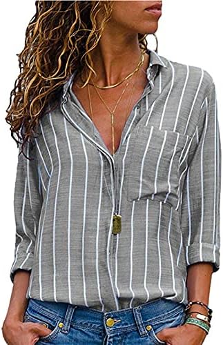 Bayan Çizgili Yakalı Bluz 2023 Bahar Moda Uzun Kollu Düğme Aşağı Gömlek Şık İş Üstleri Gevşek Çizgili Gömlek