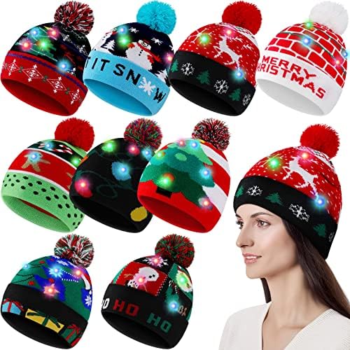 Eurzom 9 Adet LED Noel Bere Şapka Unisex Noel Noel Ağacı Kardan Adam Örme Şapka Kazak Çirkin Parti şapkası Çocuklar Yetişkinler