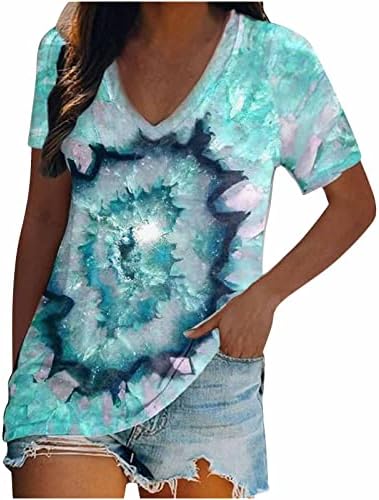 Ortaçağ Kravat Boya Gömlek Bayanlar Kısa Kollu V Boyun Pamuk Grafik Mermer Baskı Rahat Üst T Shirt Genç Kız TG