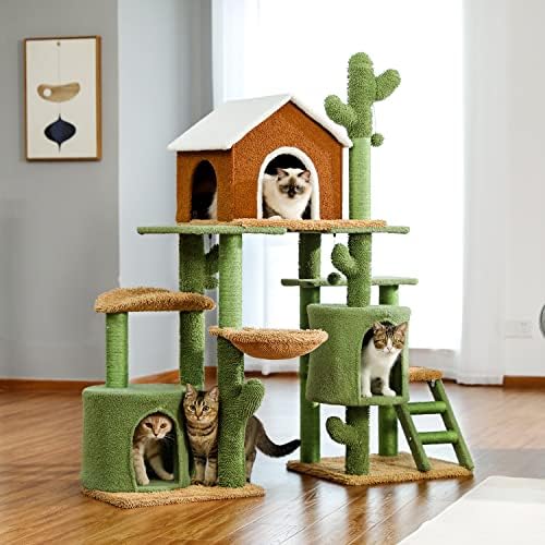 MGWYE 3 in 1 Kedi Ağacı Kombinasyonu Kedi Kulesi tırmalama sütunu Sevimli Kaktüs Ev Mobilya Kınamak Yuva Pet Scratcher