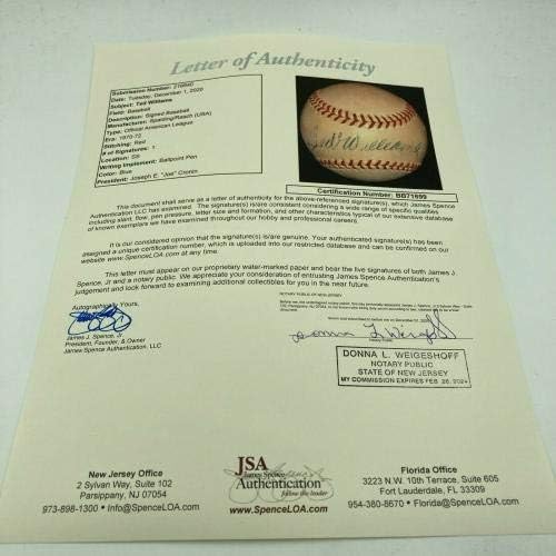 Ted Williams, Vintage Resmi Amerikan Ligi Joe Cronin Beyzbol JSA COA İmzalı Beyzbol Toplarını İmzaladı