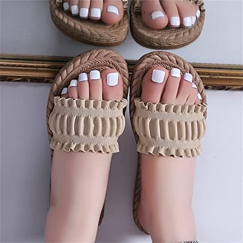 Gufesf kadın Sandalet, düz Renk Pilili Dantel Sandalet Kadınlar için Deri Burnu açık Ayakkabı Çim Dokuma Alt Düz Terlik
