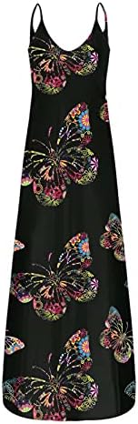 SNKSDGM kadın Yaz Rahat Seksi Kolsuz V Boyun Strappy Çiçek Baskılı Boho uzun elbise Plaj Maxi Elbiseler Cepler ıle