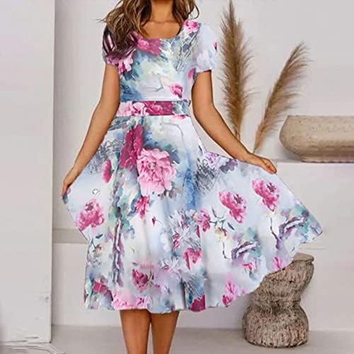 Rahat elbise Kadınlar için 2023 Yaz Bohemian Çiçek Kare Boyun Kısa Kollu Dökümlü Bir Çizgi Midi Elbise