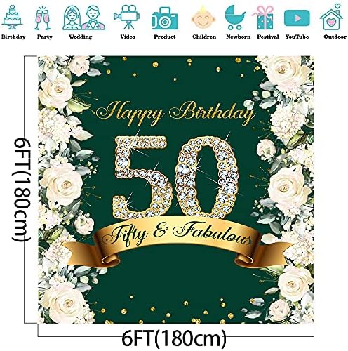 6×6ft Mutlu 50th Doğum Günü Backdrop Kadınlar için Zeytin Yeşil Elli Muhteşem Doğum Günü Partisi Fotoğraf Arka Plan Beyaz