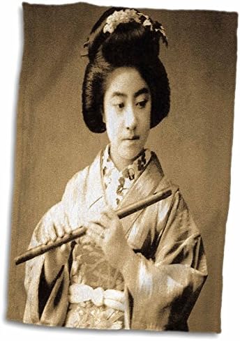 3dRose Vintage Japon Geyşa Flüt Çalıyor Sepya Tonu Eski Japonya Müzisyeni-Havlular (twl-246671-3)